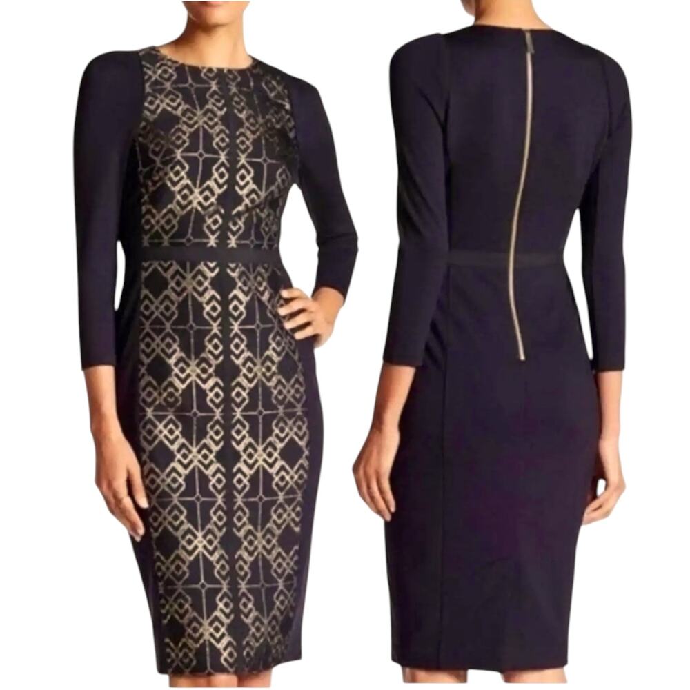 TED BAKER Mikha Sparkle Jacquard Midi Dress Gold Black Pencil Workear Cocktail